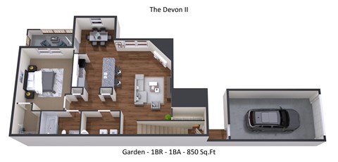 A 3D floor plan of a two-bedroom apartment named The Devon II with a garden area of 1BR - 1BA - 850 Sq.Ft.